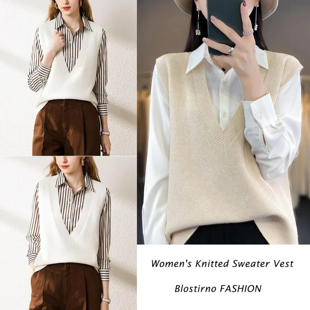 Women's Knit V Neck Sweater Vest Sleeveless Pullover Solid Casual Work - Picture 5 of 5